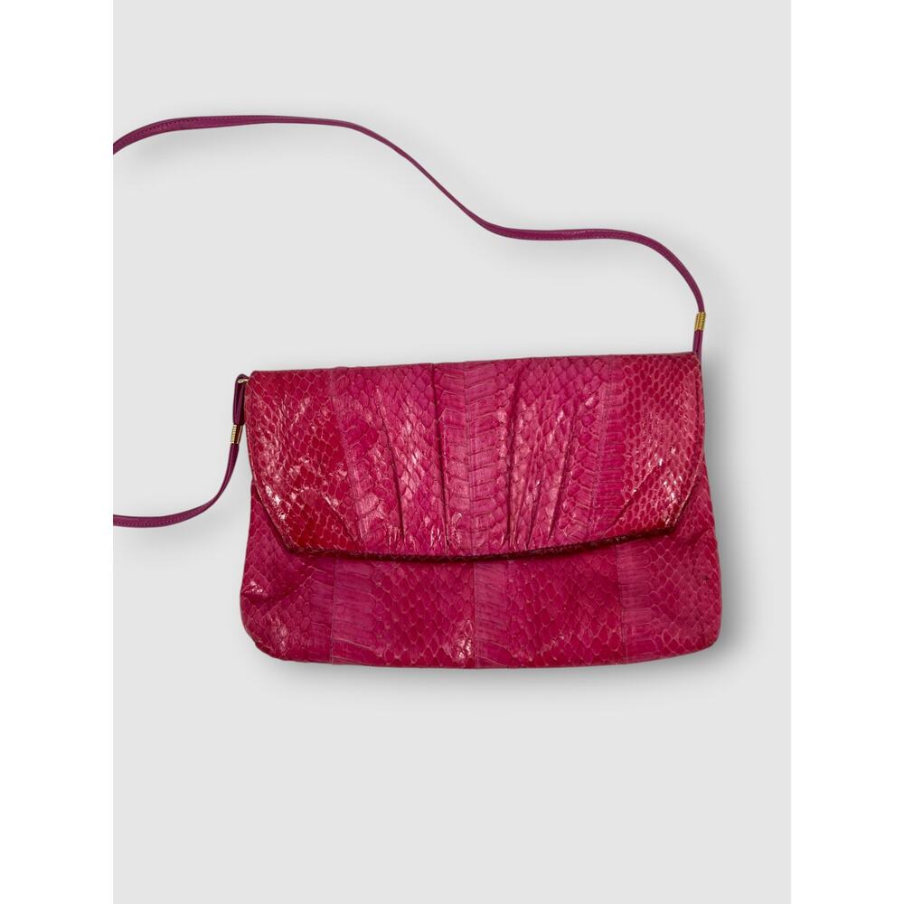 70s Vintage Jasmin Genuine Snakeskin Fuchsia Pink Crossbody Bag Flap Clutch - Picture 6 of 6